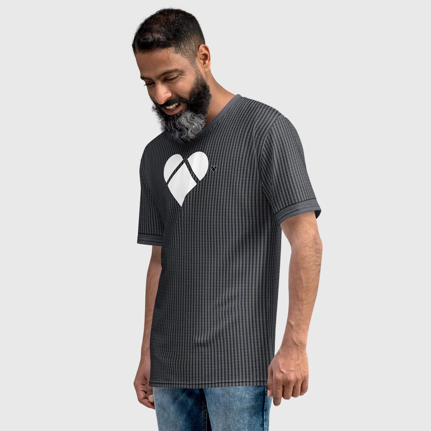 Black shirt with white heart and Dualshade lovogram pattern for men, male model