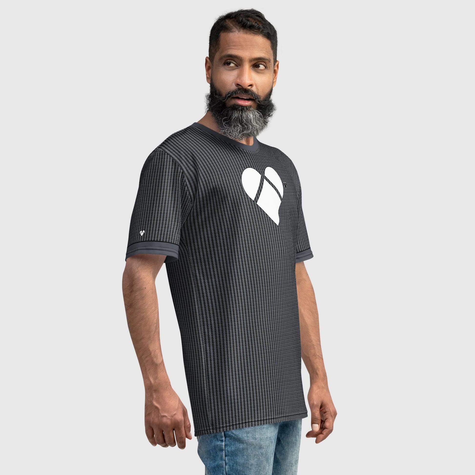Casual wear black shirt for men with Dualshade lovogram pattern and white heart, male model