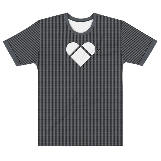 Men's black shirt with eco-friendly Dualshade lovogram pattern and white heart, front view