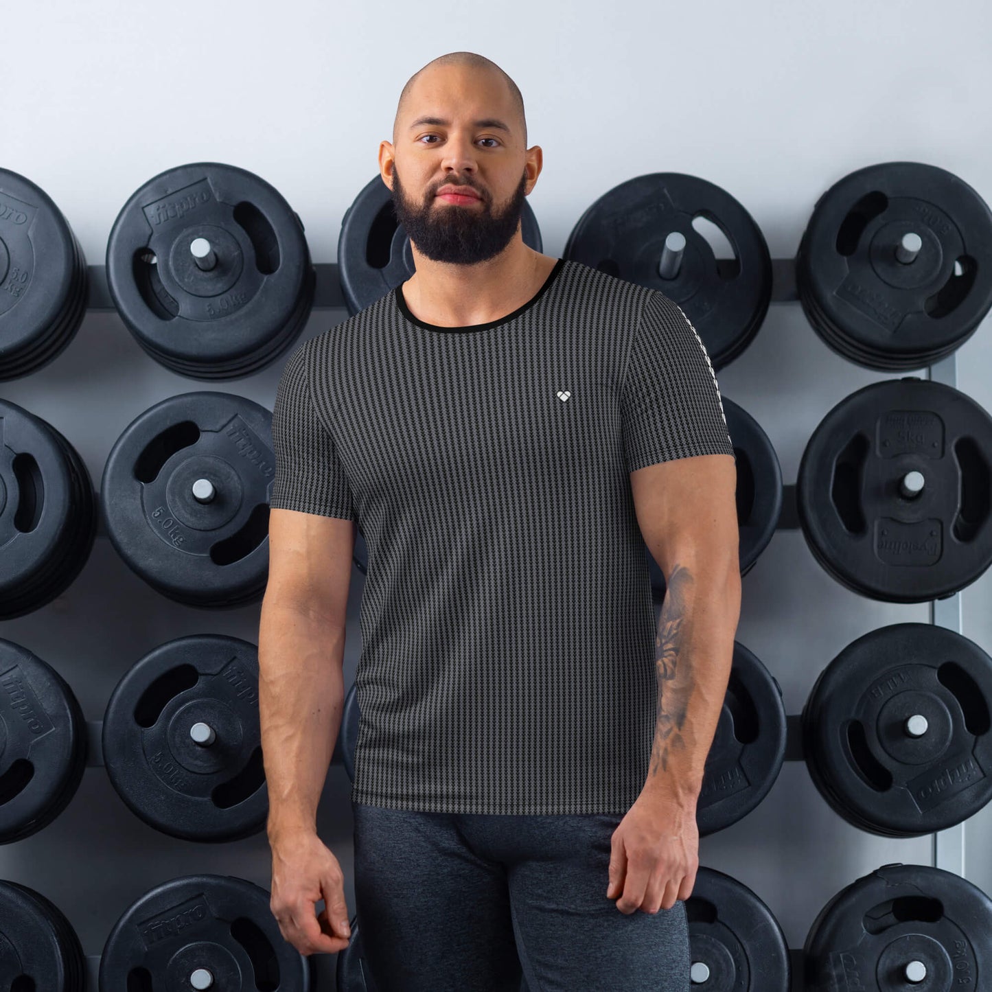 model gym, Dual-shade lovogram pattern sport shirt for men, featuring small geometric hearts in black and two shades of gray. CRiZ AMOR's Black Heartthrob Sport Shirt