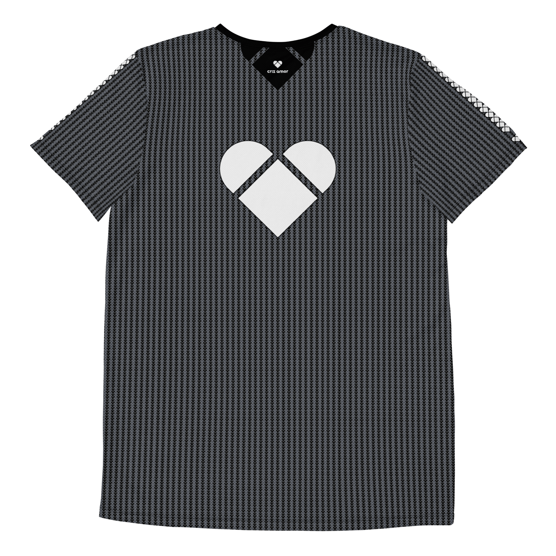 Men's black sport shirt with a playful touch - white heart logo stripe on the sleeves and big white heart on the back. Amor Primero capsule collection from CRiZ AMOR