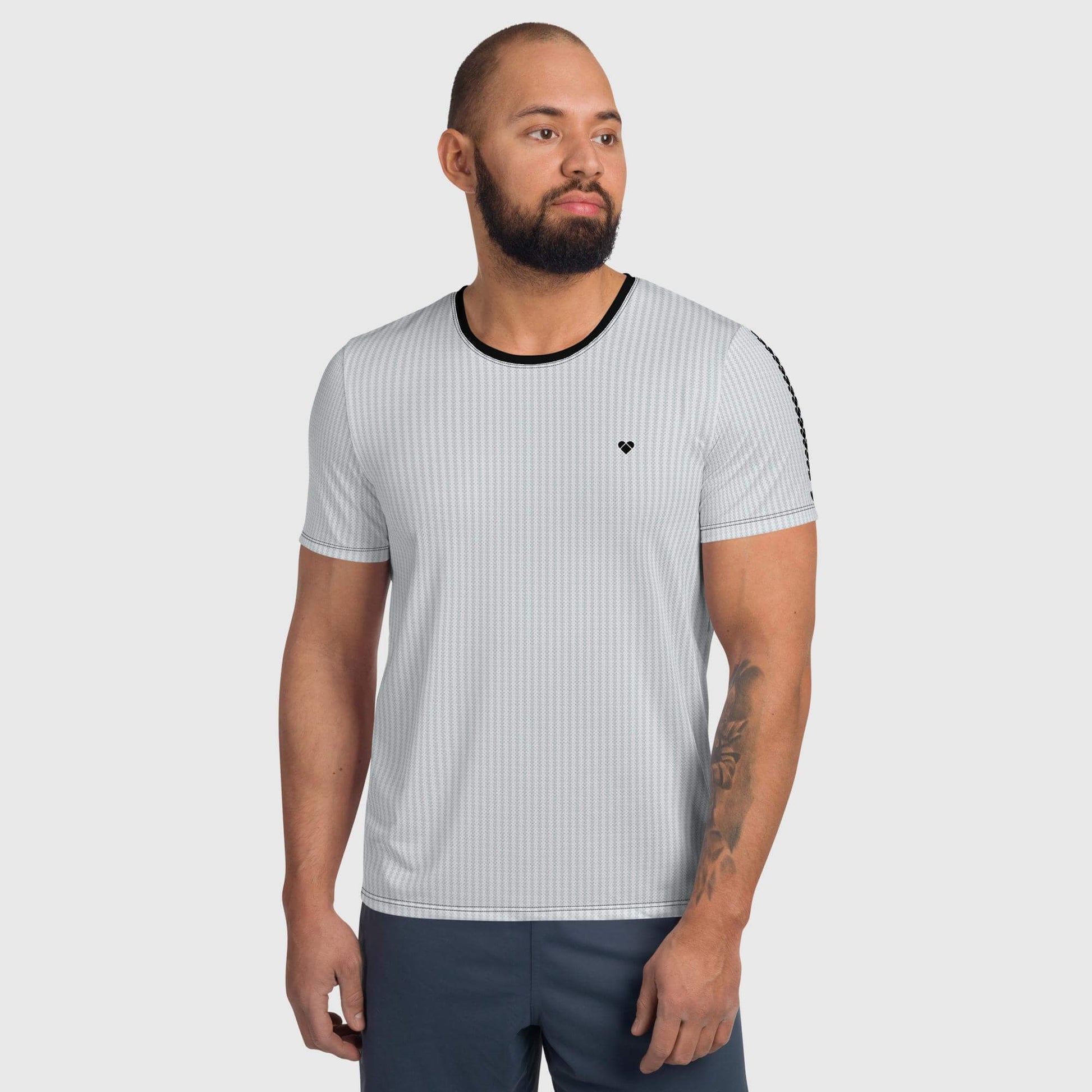 male model Gym-Ready Light Gray Heart Sport Shirt with Black Heart Logo Stripe | CRiZ AMOR