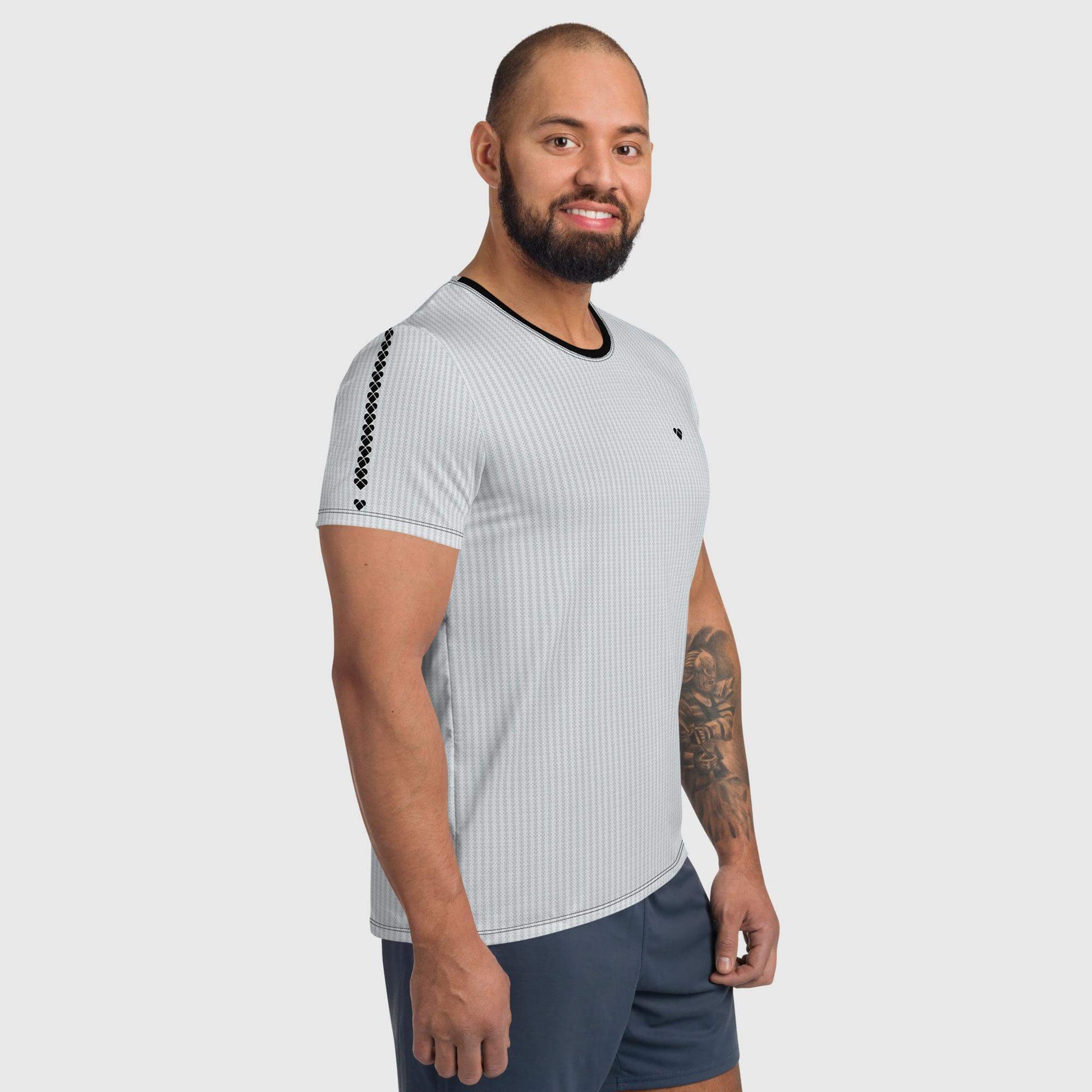 Distinctive black heart logo stripe on sleeves, light gray lovo-gram pattern with small geometric hearts sport shirt for men from CRiZ AMOR, sleeve view