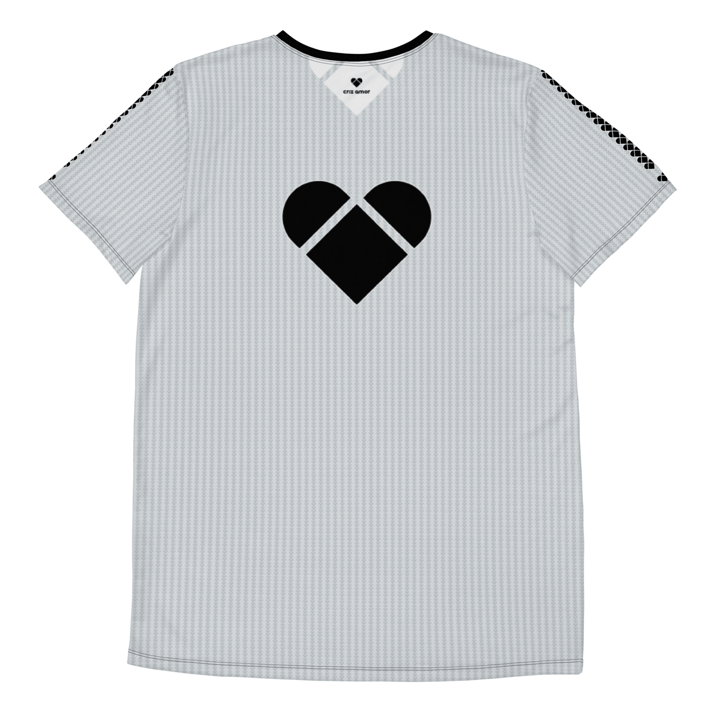 Gym wear must-have: light gray sport shirt with black heart and heart logo stripe on sleeves for men from CRiZ AMOR's Amor Primero Collection, back photo view