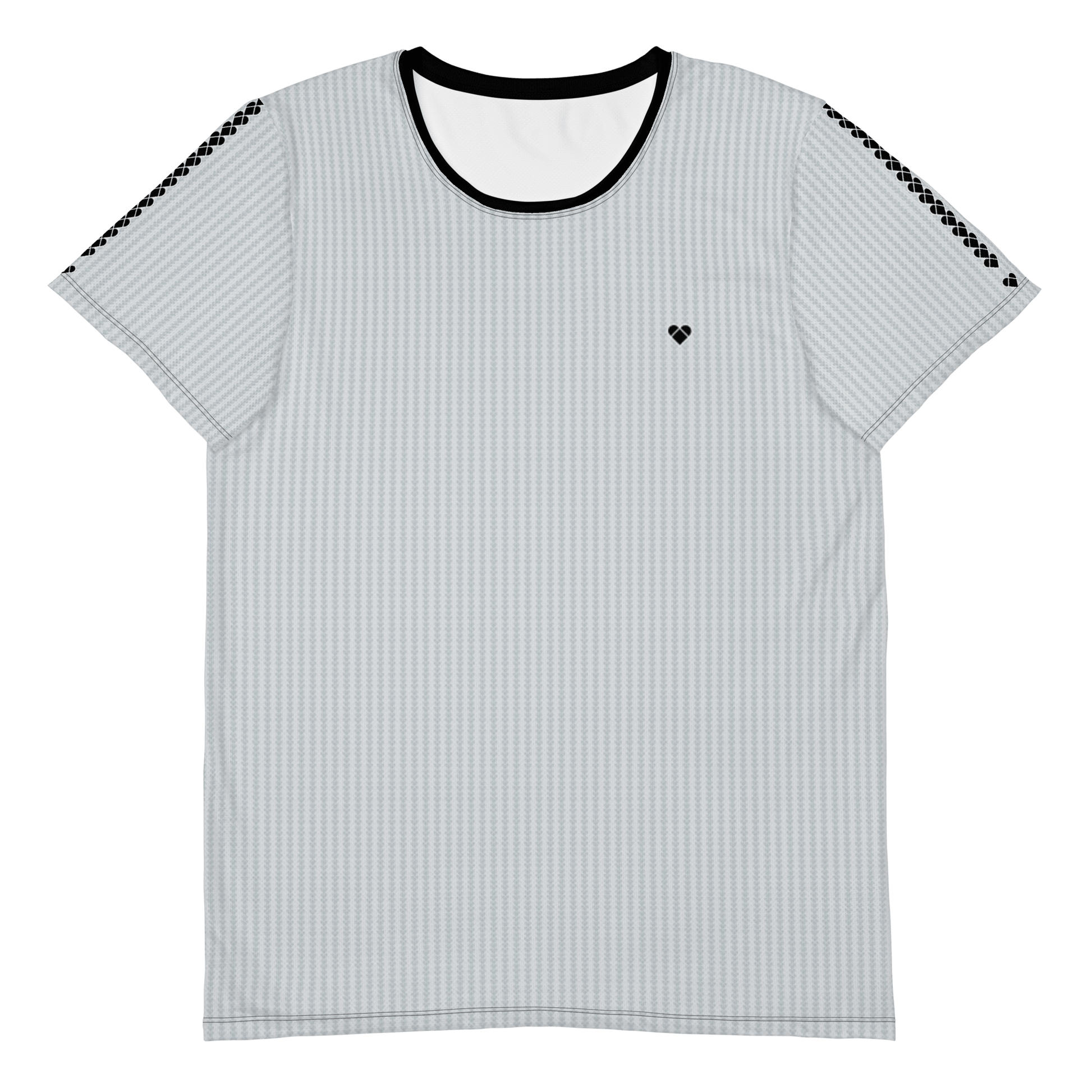 product photo front, Light gray sport shirt with black heart and heart logo stripe on sleeves for men from CRiZ AMOR's Amor Primero Capsule Collection