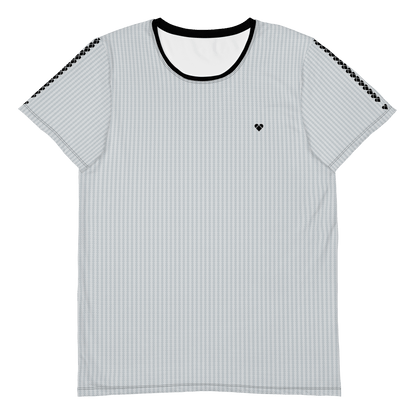 product photo front, Light gray sport shirt with black heart and heart logo stripe on sleeves for men from CRiZ AMOR's Amor Primero Capsule Collection