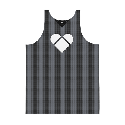 back view of A black tank top with a dual-shade lovogram pattern made up of little heart-shaped geometrical logos and a big white heart logo on the back