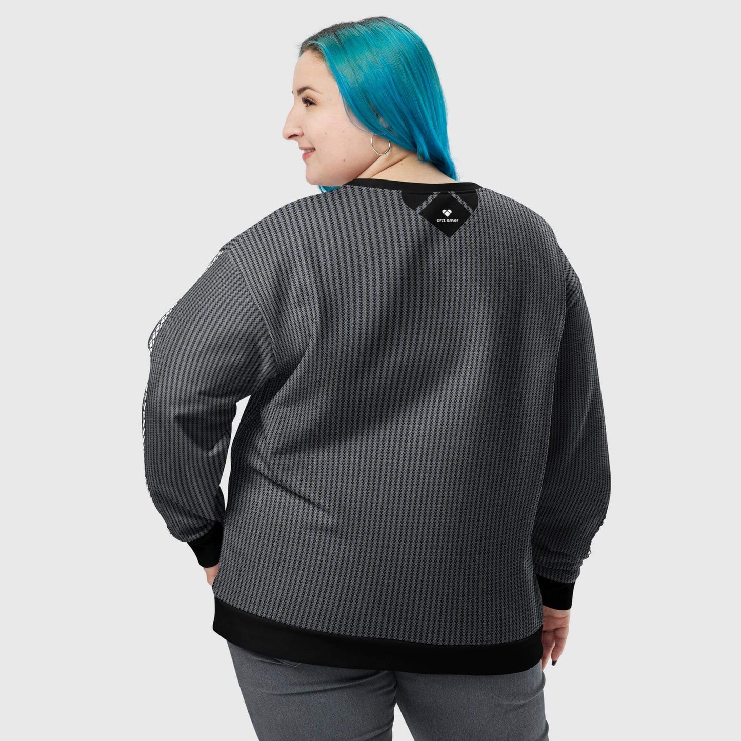 back view of a A limited edition sweatshirt from CRiZ AMOR's Amor Primero Capsule Collection, featuring heart-shaped geometrical logos in two shades of gray