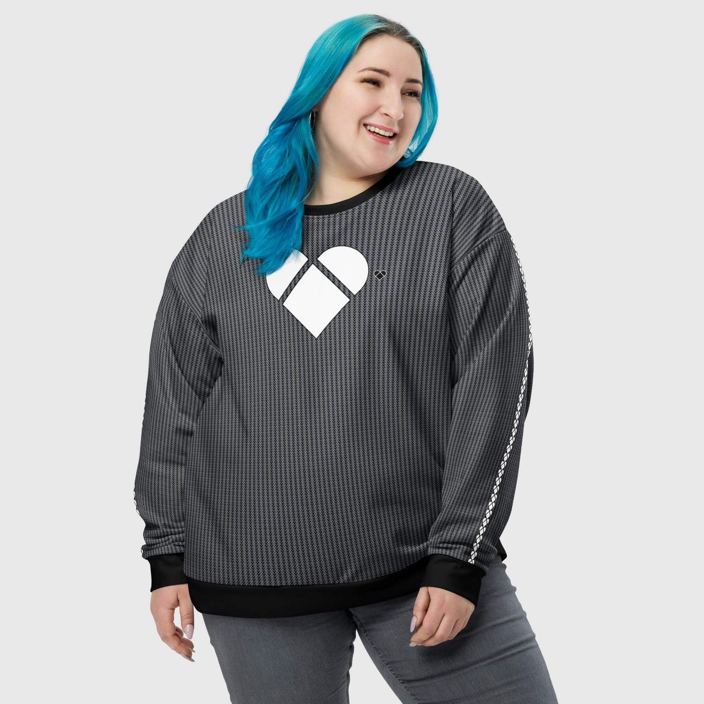 CRiZ AMOR's black Lovogram Heart Sweatshirt, made sustainably for everyone, with a unique pattern and a comfortable fabric, girl wearing