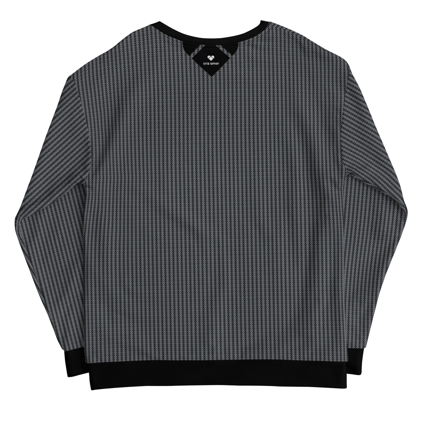 sustainable and eco-friendly black sweatshirt with heart-shaped geometrical logos in two shades of gray, by CRiZ AMOR's Amor Primero Capsule Collection