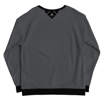 sustainable and eco-friendly black sweatshirt with heart-shaped geometrical logos in two shades of gray, by CRiZ AMOR's Amor Primero Capsule Collection