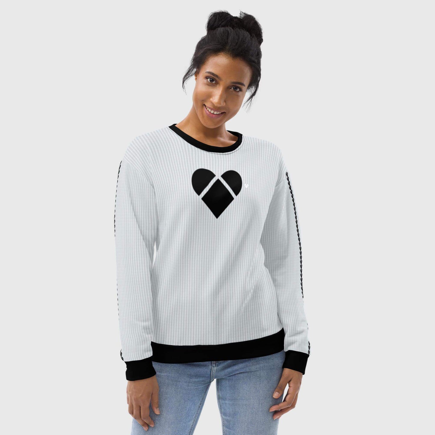 female model wearing Inclusive and versatile Light Gray Sweatshirt with Black Heart by CRiZ AMOR