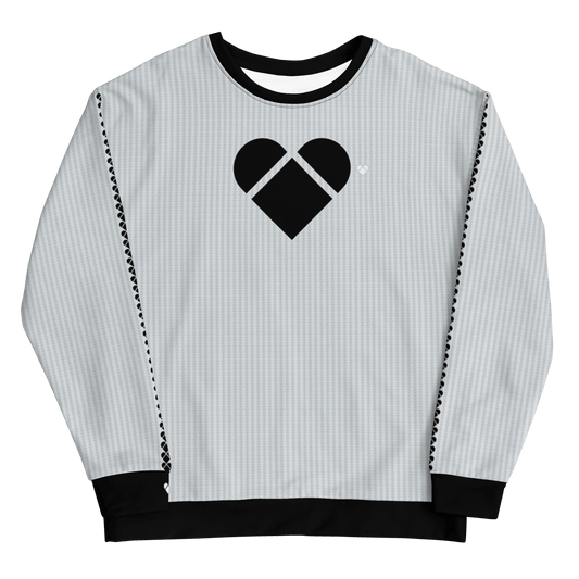 Light Gray Sweatshirt with Black Heart and Dualshade Lovogram pattern, made with soft cotton-feel fabric by CRiZ AMOR, front view