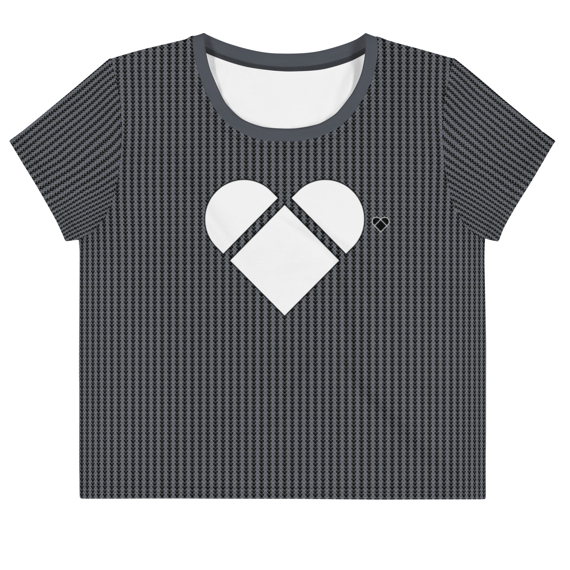 CRiZ AMOR's Black Crop Tee for Women with a unique pattern of little heart-shaped geometrical logos and a big white heart in front that symbolizes self-love