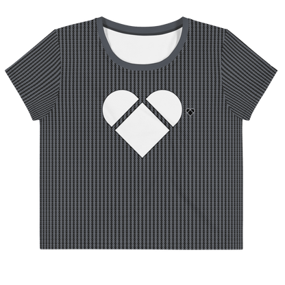 CRiZ AMOR's Black Crop Tee for Women with a unique pattern of little heart-shaped geometrical logos and a big white heart in front that symbolizes self-love