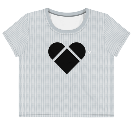 front, Light gray crop tee for women with a black heart and unique heart-shaped geometrical pattern in two shades of gray