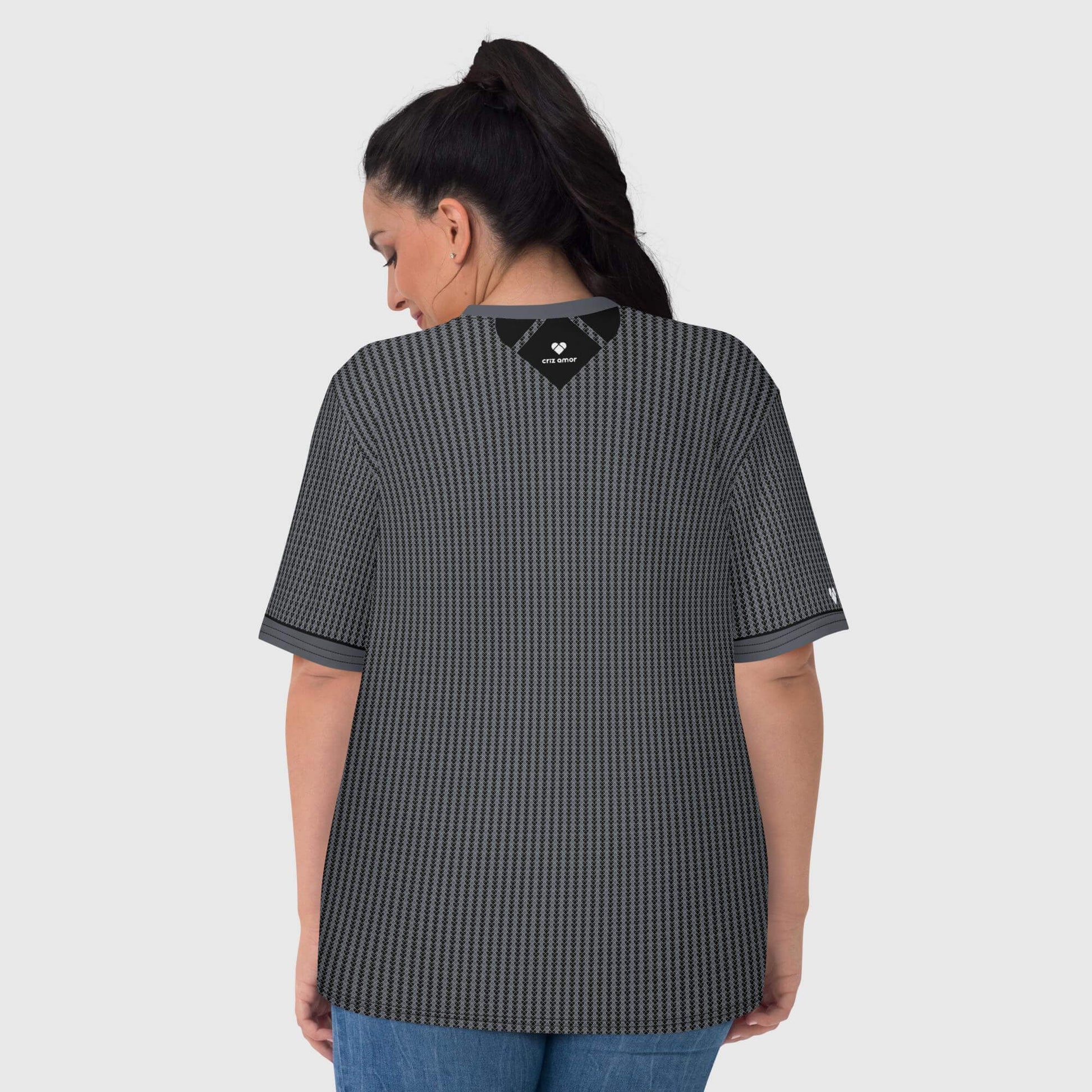 Black Amor Primero capsule collection shirt for women with a big white heart in front and a little CRiZ AMOR logo heart in the right sleeve, back view