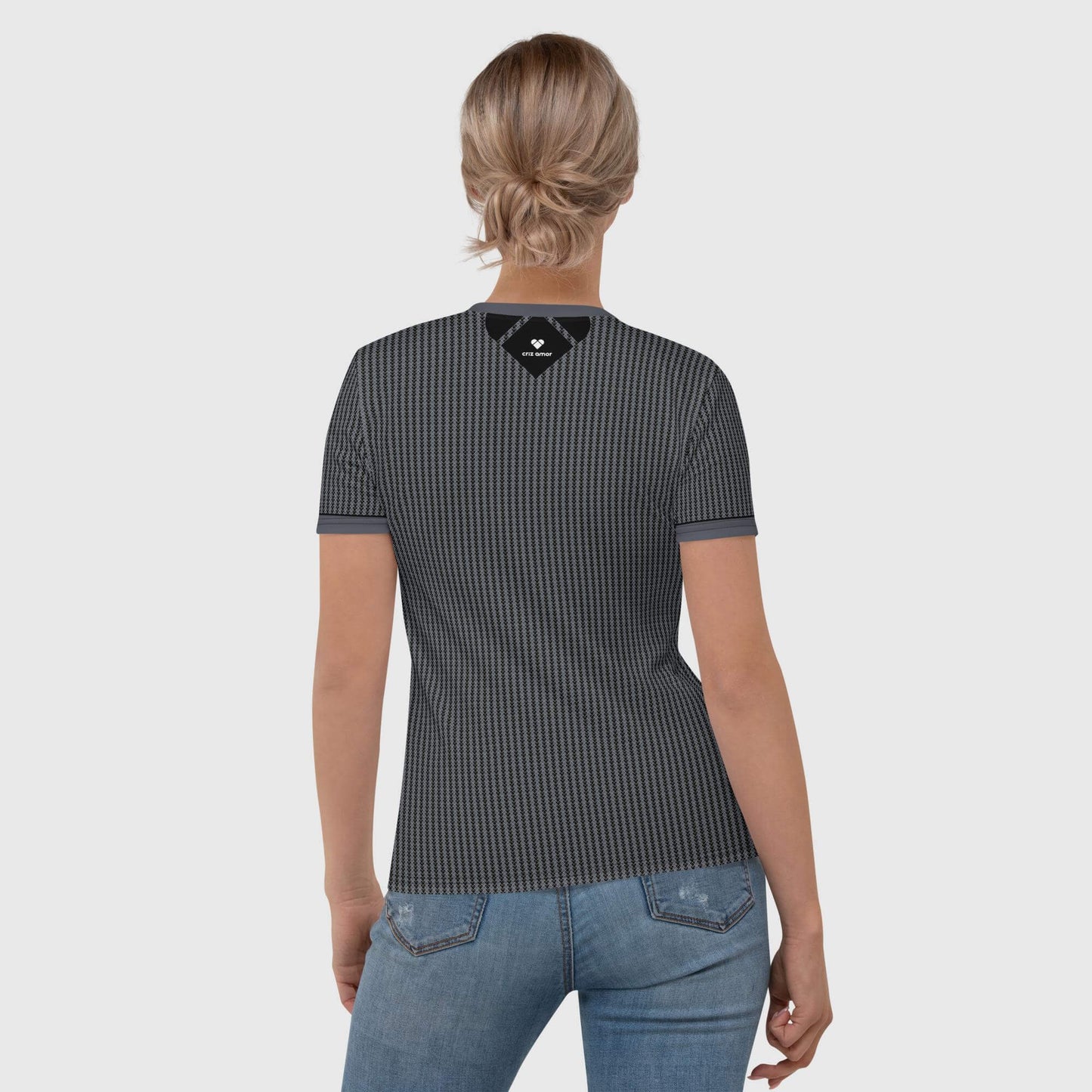 Lovogram Shirt with a dual-shade heart pattern that promotes self-love and confidence, back view model