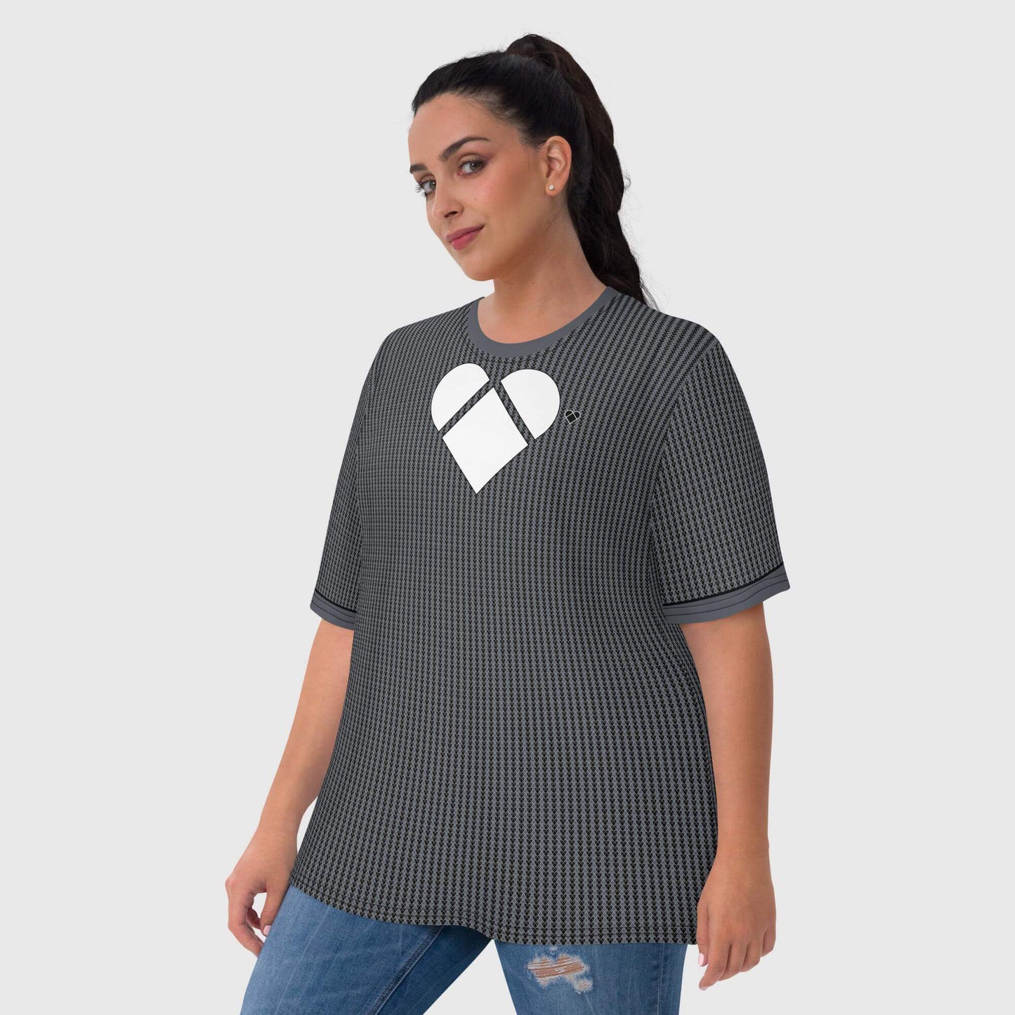 Black Lovogram Shirt with a Dual-shade heart pattern, promoting self-love and confidence. female model
