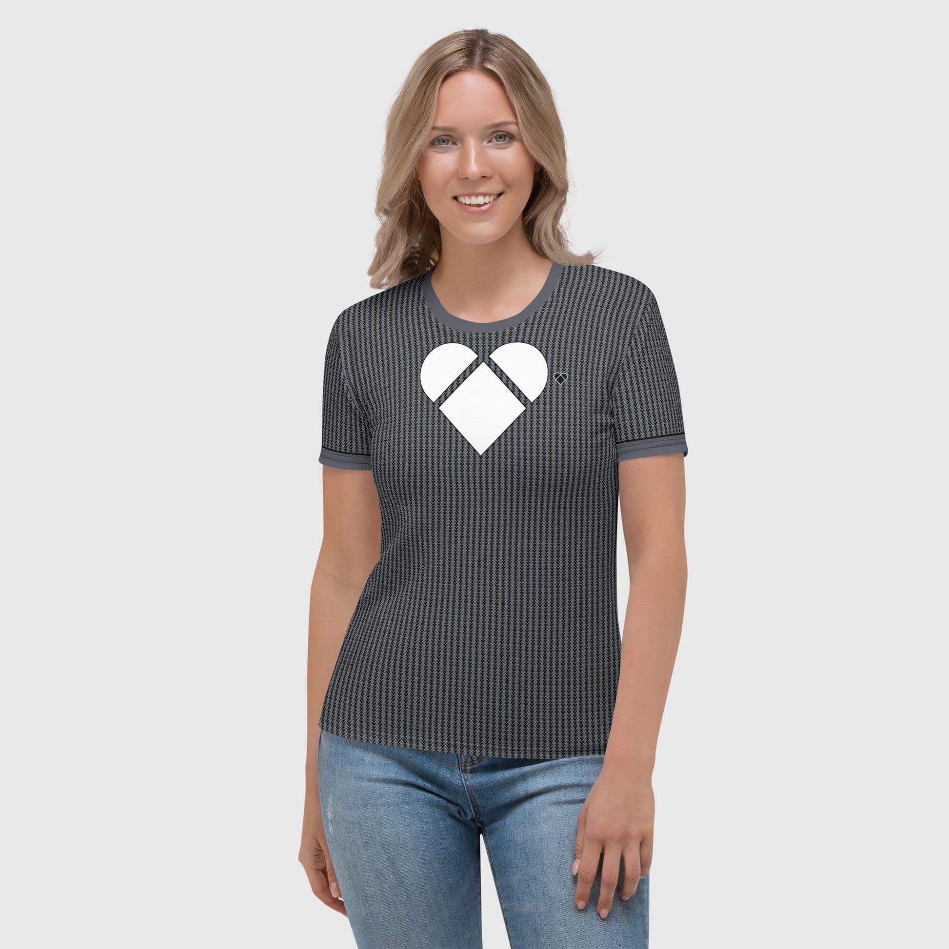 black Lovogram Shirt for women with a dual-shade heart pattern, female model front
