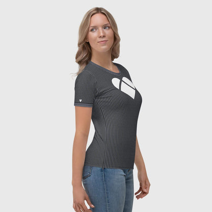 female model wearing Black Lovogram Shirt with a Dual-shade heart pattern