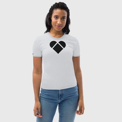 Light gray shirt with a big heart pattern made up of little hearts, designed to empower femininity and celebrate diversity, from CRiZ AMOR, front view