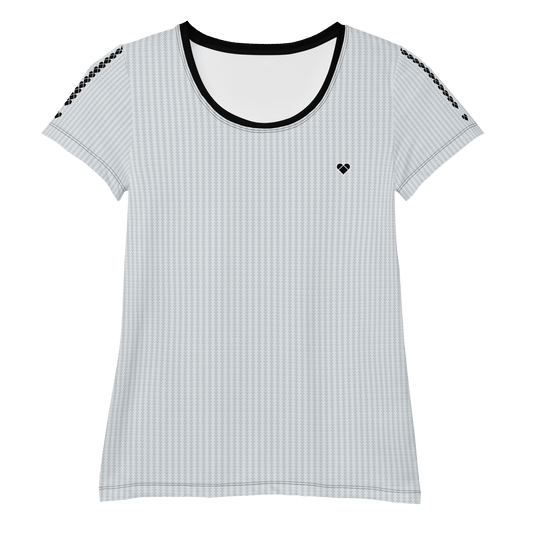 front photo Light gray sport shirt with black heart and geometric pattern for women from CRiZ AMOR's Amor Primero capsule collection