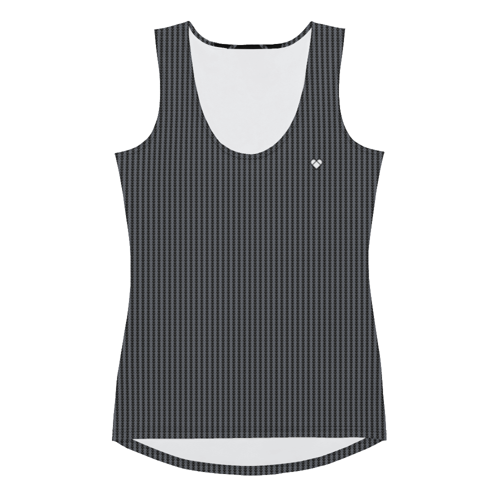 front view, black tank top for women with an eye-catching Lovogram design, made with comfort and practicality in mind