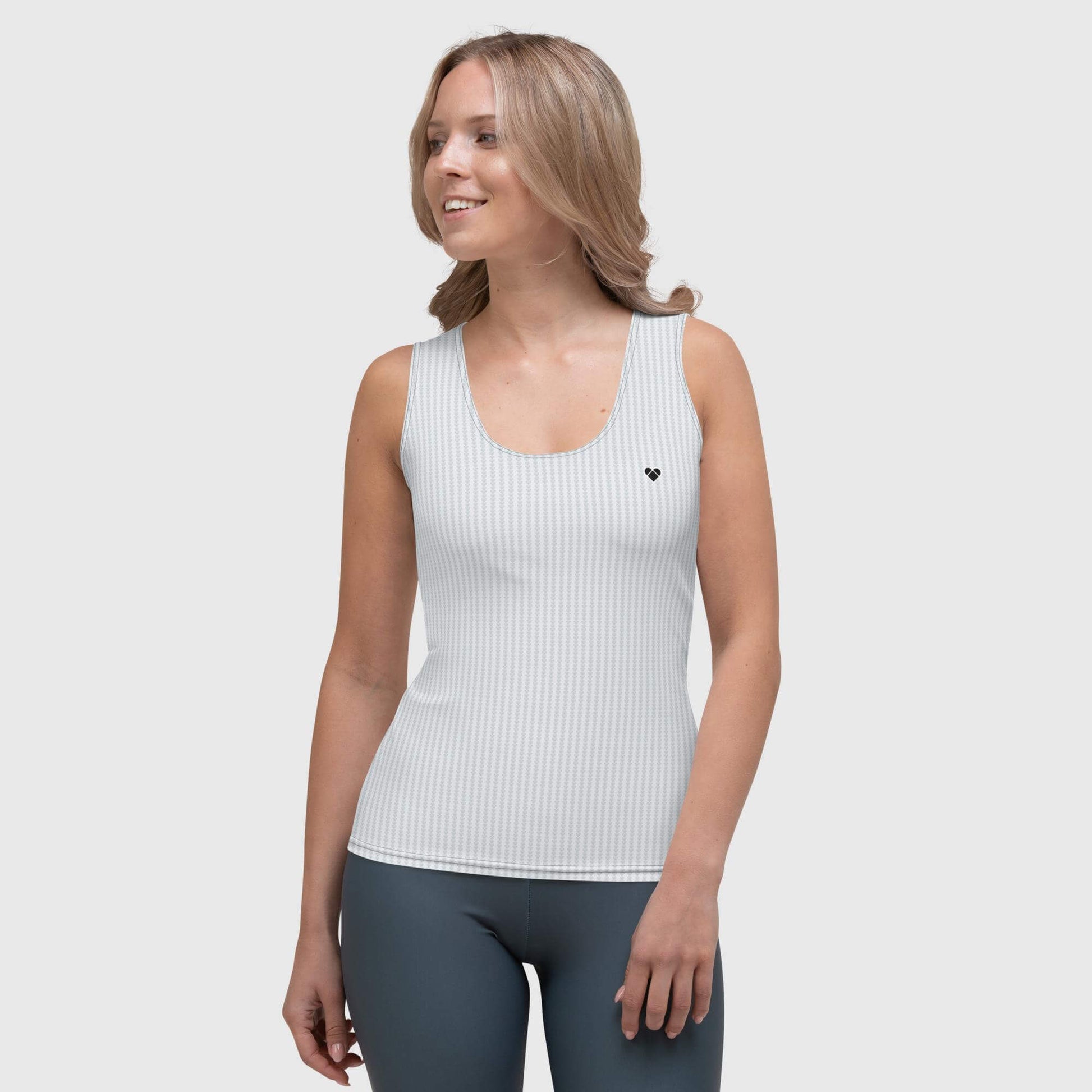 woman model wearing Women's casual and sportswear light gray tank top with a black heart logo and heart pattern